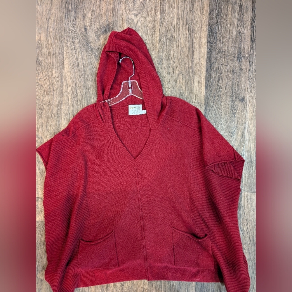 Michael Stars Red Fine Wool V-Neck Hooded Sweater